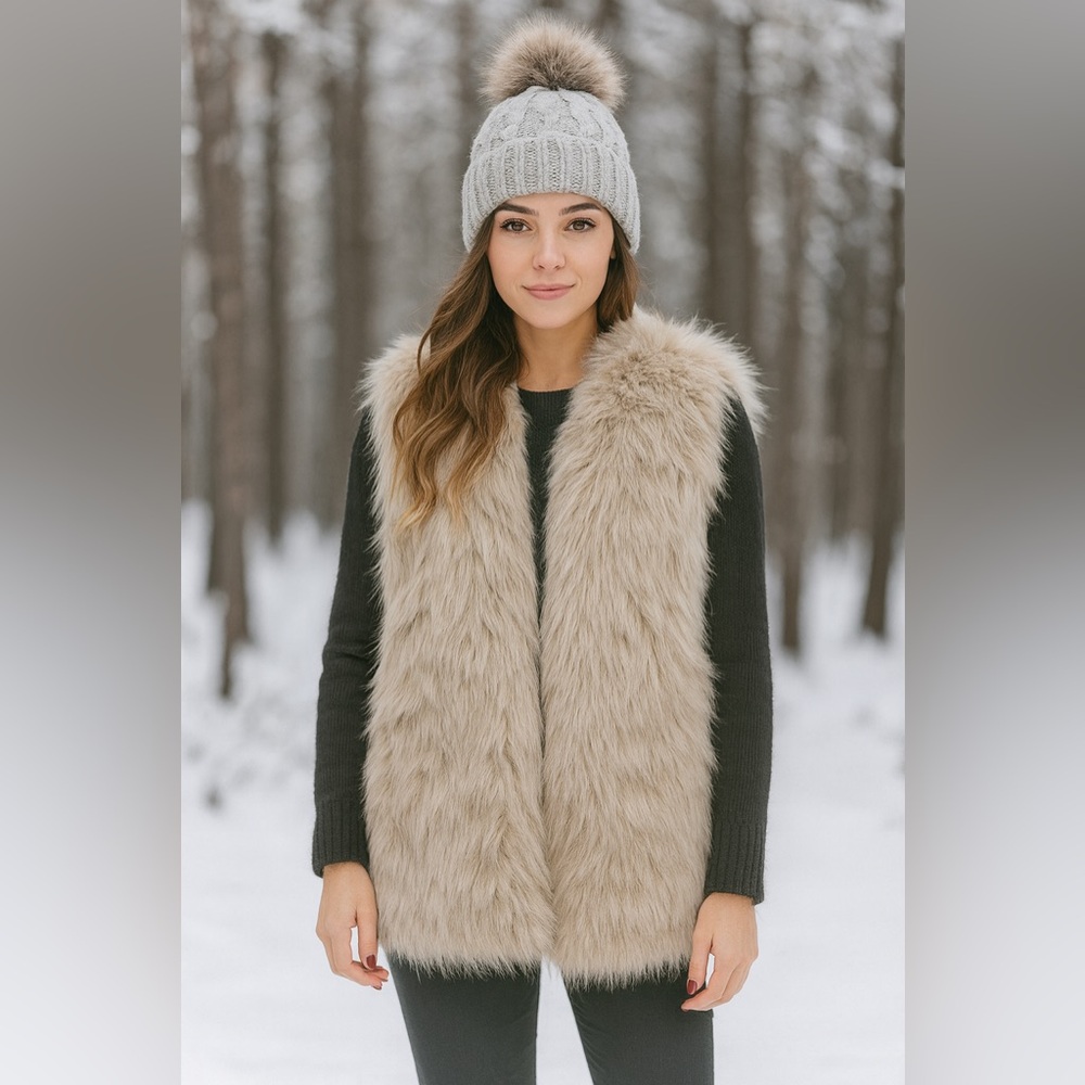 Faux Fur Vest for Women - Beige Sleeveless Coat